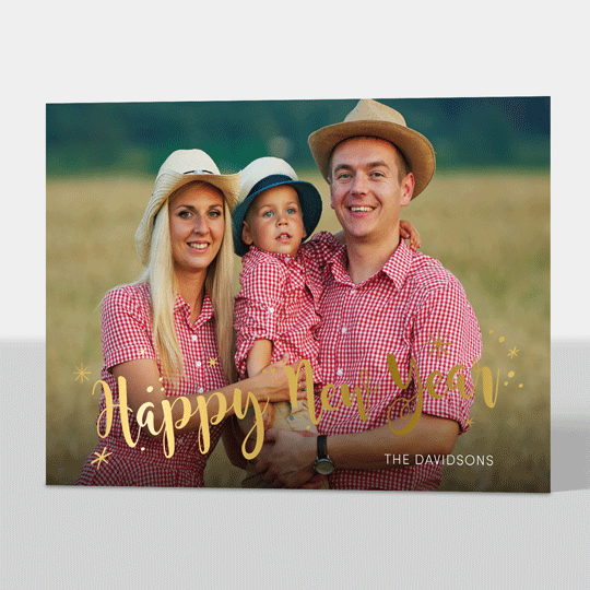 Happy New Year Starburst Gold Foil Holiday Photo Cards